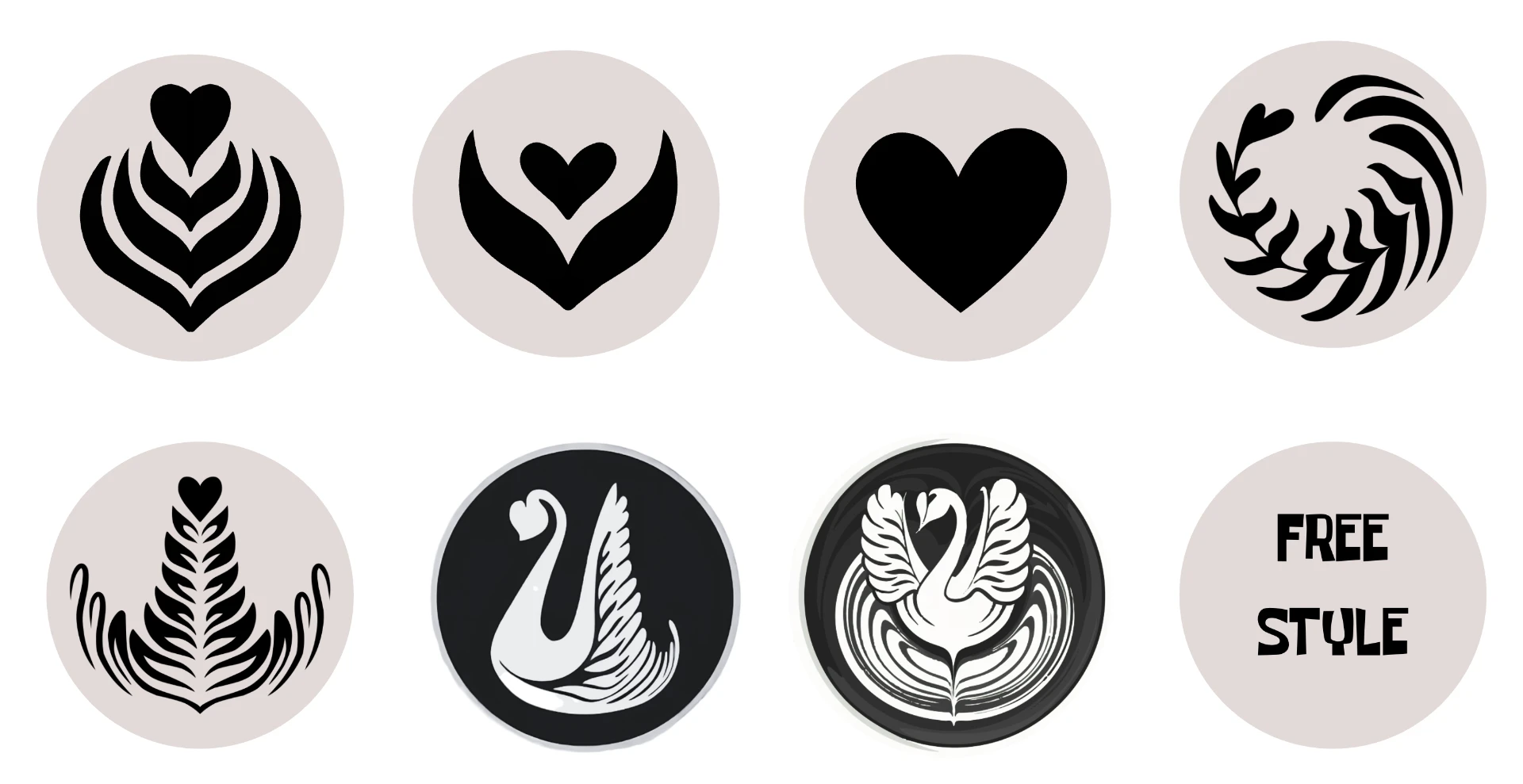 Latte art patterns used in the competition: tulip, heart, rosetta, swan and freestyle
